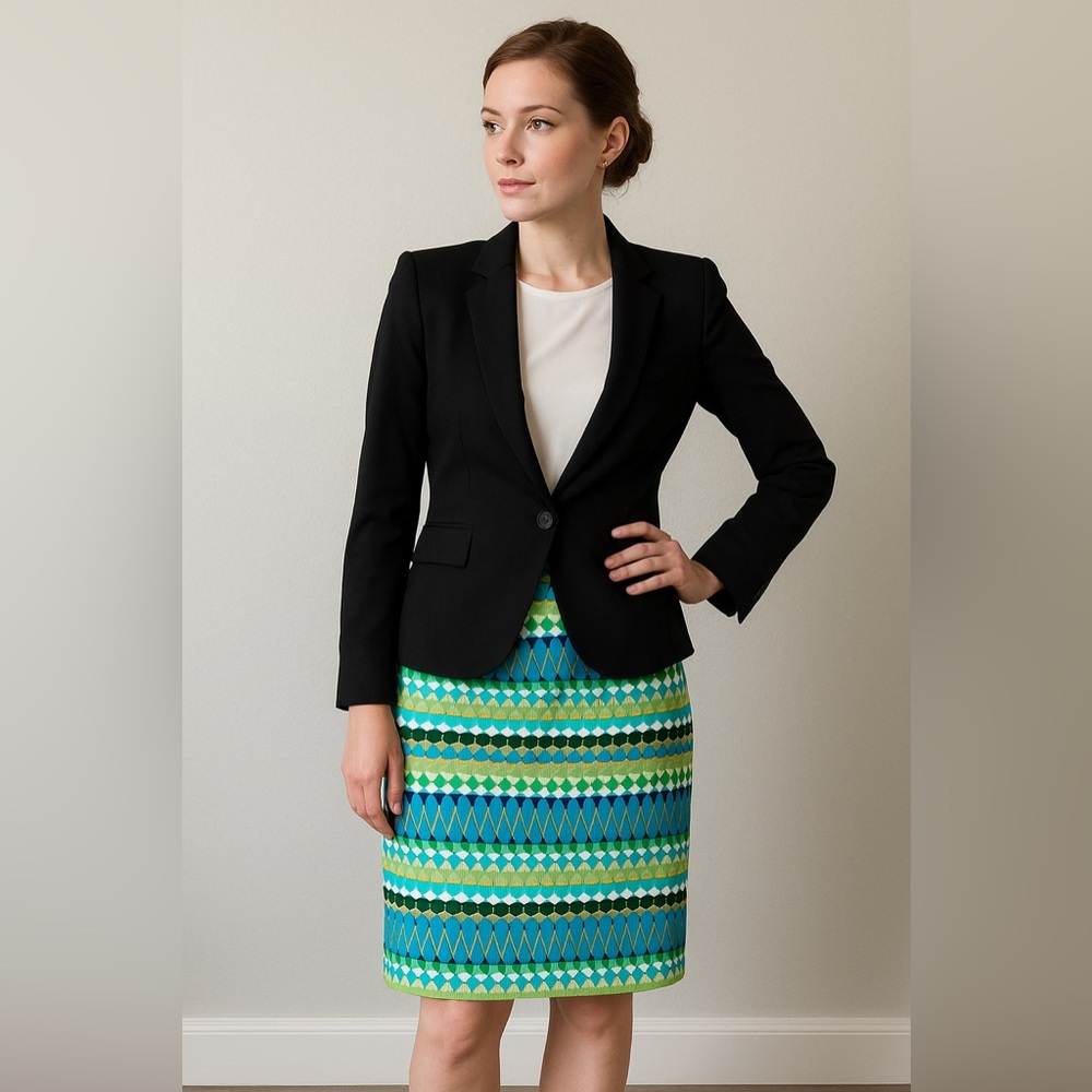 J.Crew The Pencil Skirt Blue Green Geometric Print Cotton Office Work Class Sz 4